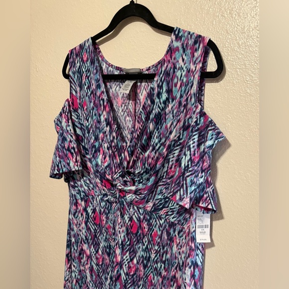 Catherines Maxi Dress Knit Geometric Purple Cold Shoulder Gathered V Neck - Picture 2 of 3